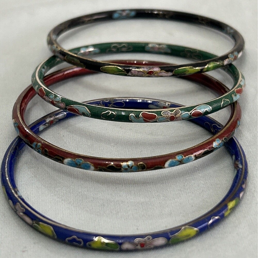 Vintage Cloisonne Slim Bangle Bracelets MultiColor Floral Set Of 4 Brass Enamel